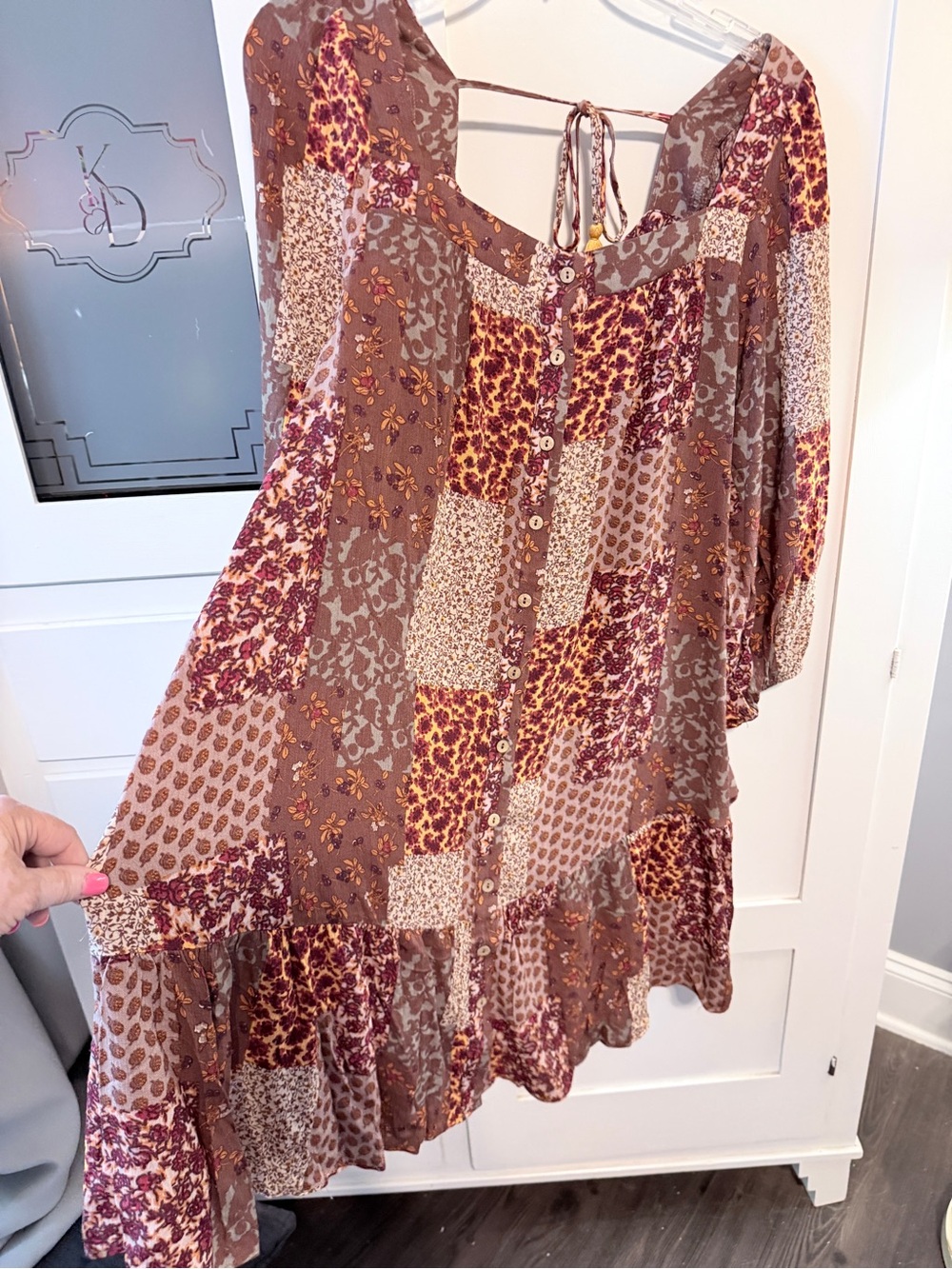 easel Brown and Burgundy Patchwork Mini Dress - Picture 4 of 15